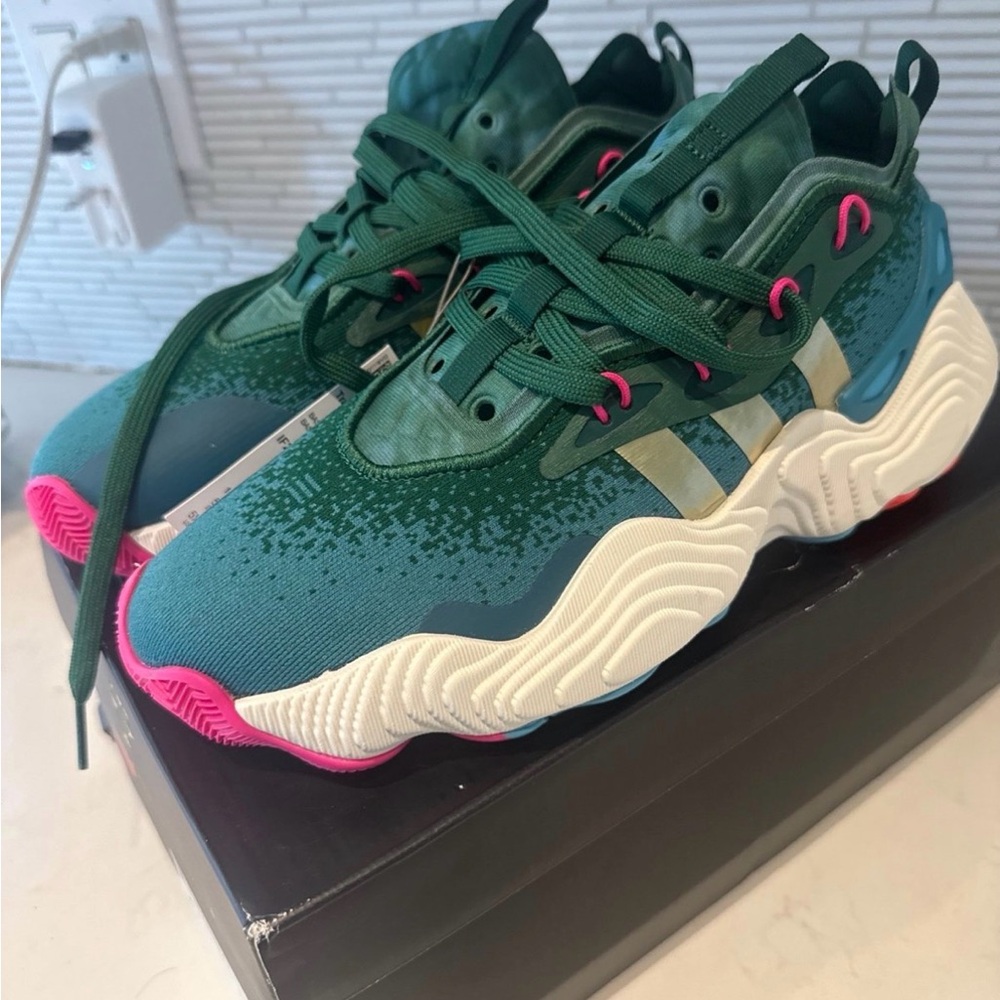 Adidas Trae Young Green Sneakers with Pink Highlights